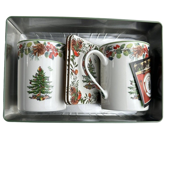 Spode 5 Piece Tin Christmas Tree Set ~ 12oz Cups Coasters Tin NEW w/Box - Picture 2 of 12